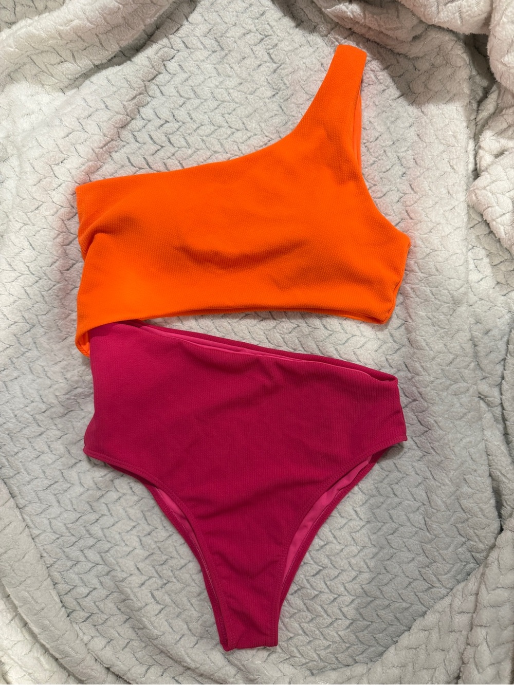 One-Shoulder Colorblock Bikini Set - Orange & Fuchsia